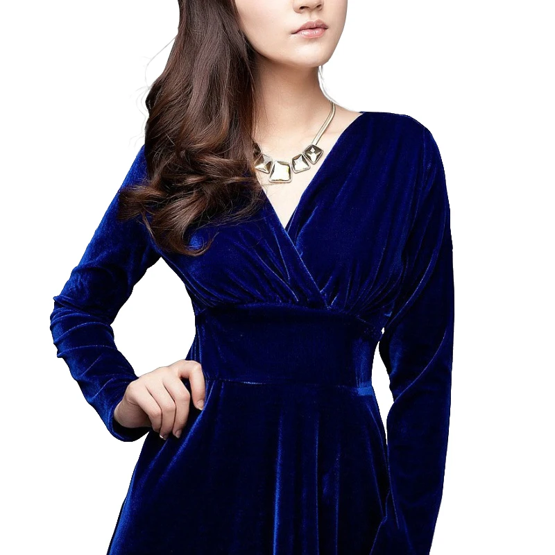 Autumn women's long sleeve dress winter Gold velvet Extra V-neck dresses | Женская одежда