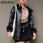 Женская кожаная куртка с меховым воротником, на молнии