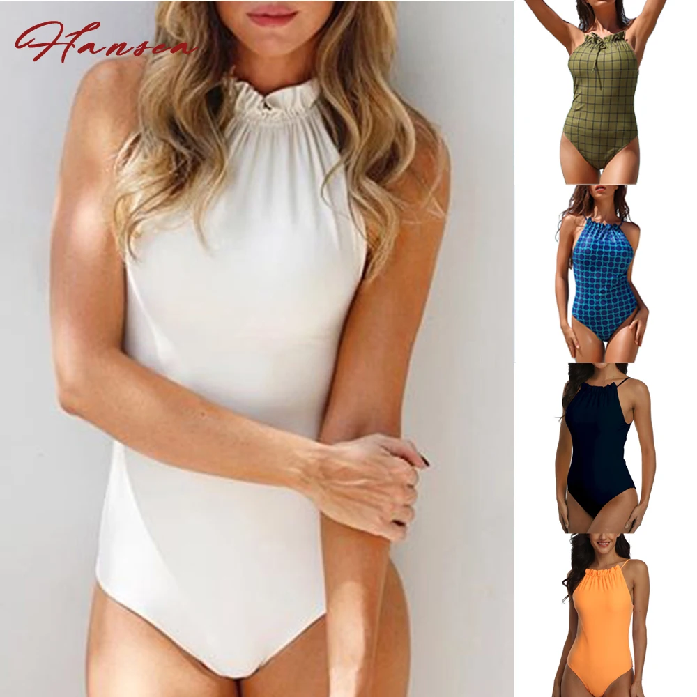 

One Piece Retro Swimwear Halter Neck Sexy Bathing Suit for Women Plaid Printing Solid White UV Protective Monokini Bikinis