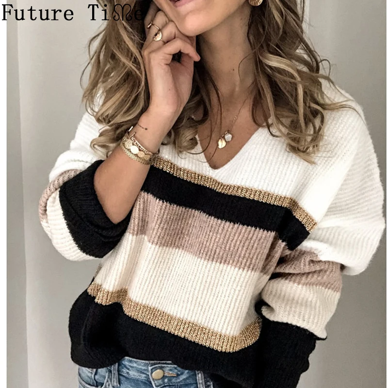 Женский трикотажный пуловер в полоску Future Time черный белый вязаный с v-образным