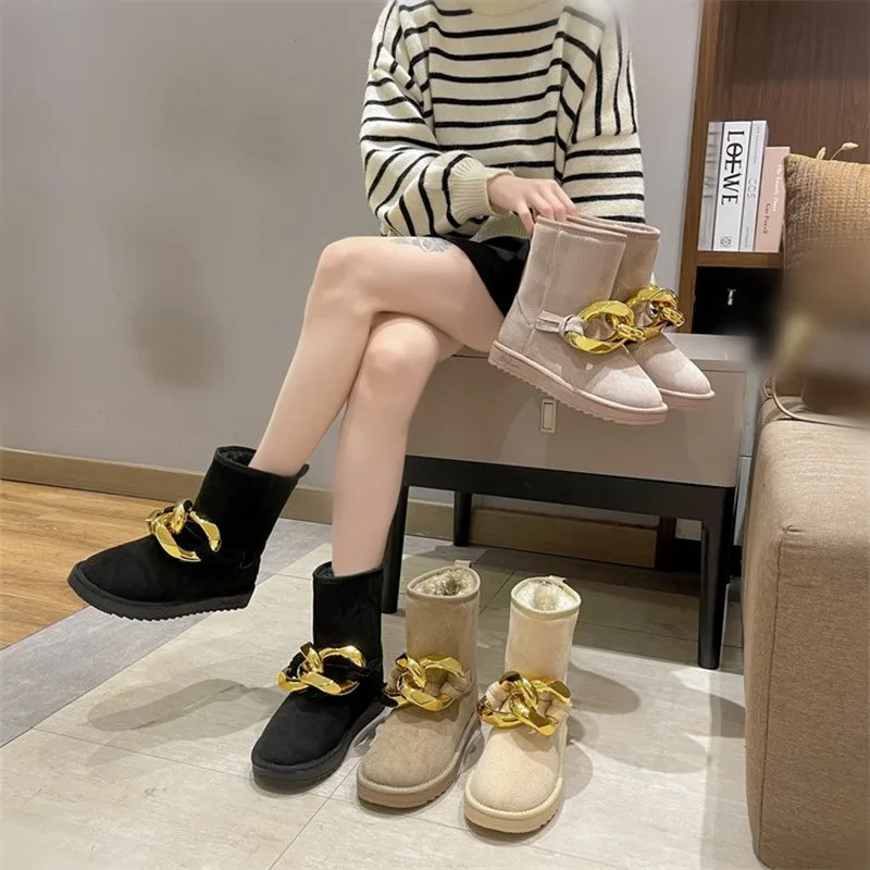

35-42 Size Winter Women Boots Fashion Chain Accessories Snow Boots Thick Warm Short Boots Flat Bottom Non-slip Platform Boots