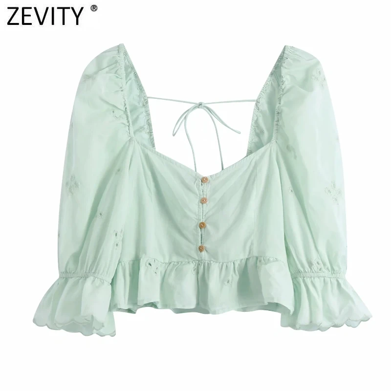 

Zevity Women Pleats Puff Sleeve Hollow Out Embroidery Short Smock Shirts Lady Ruffles Blouse Roupas Femininas Blusas Tops LS9237