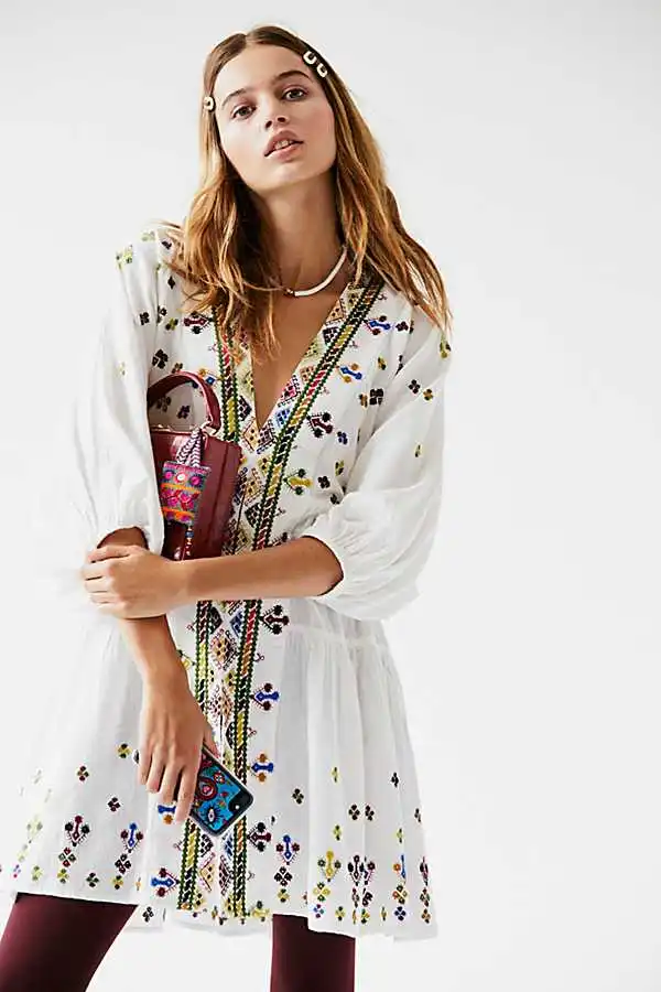 

SALEQI Women's Embroidered Tunic dress V-neck white long sleeve mini cotton boho dress casual chic holiday summer dress 2021 new