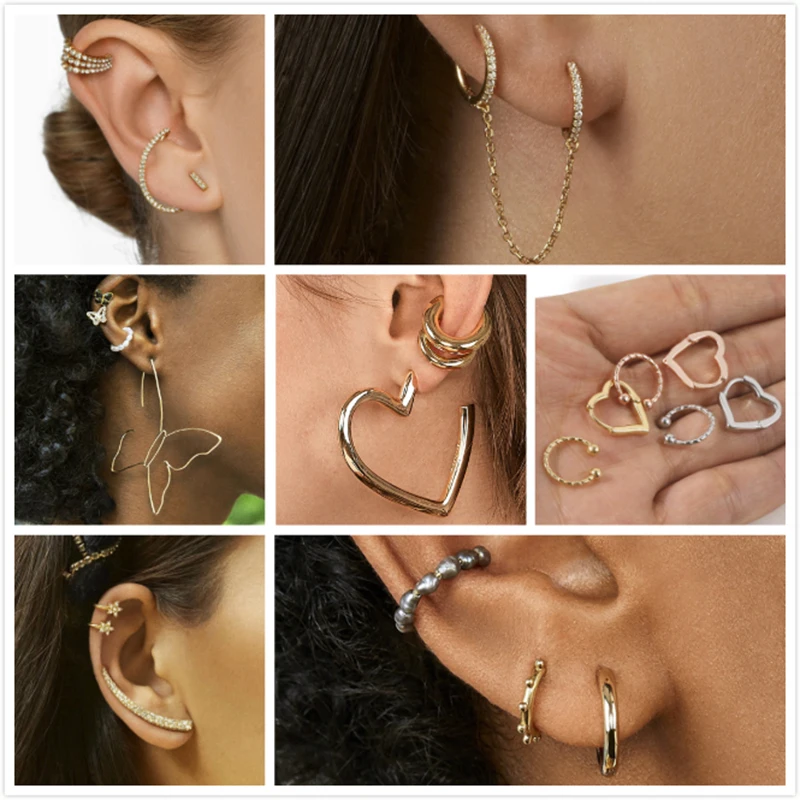 Heart Butterfly Shape Earrings for Women Trendy Small Ear Cuff Non Pierced Gold Silver Metal Wedding Jewelry Bijoux | Украшения и