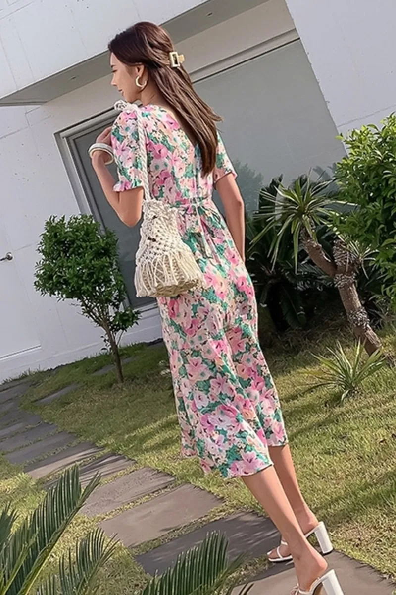 

Summer fashion Elegant women Flower Print Lace-up V-Neck Chiffon Dress Femme Dress