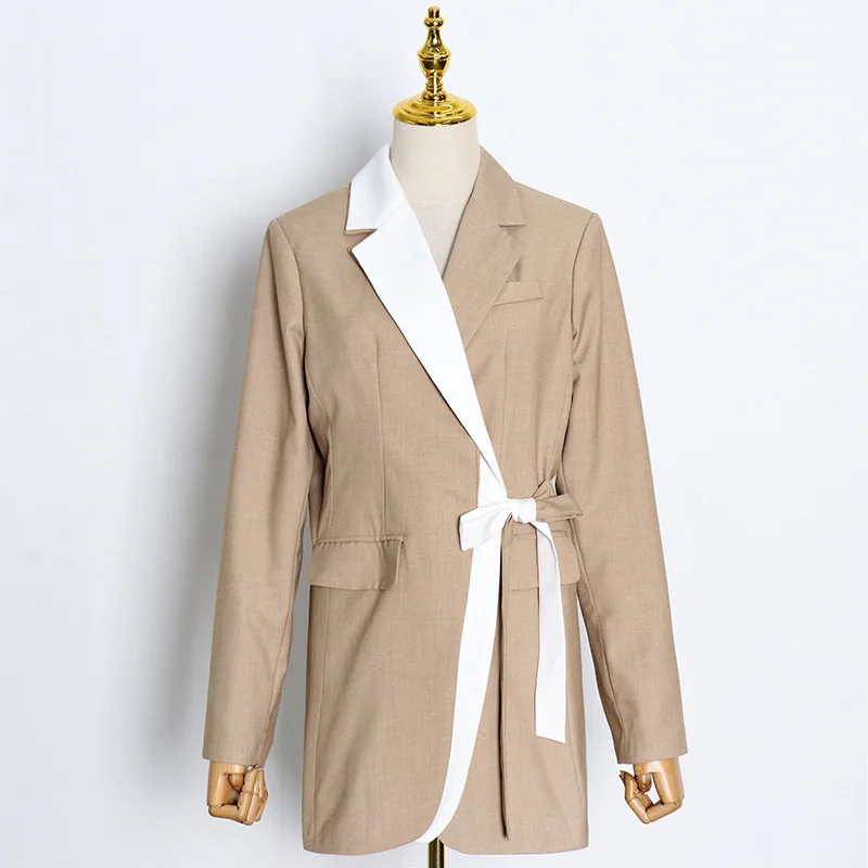 

KALENMOS Blazer Women Elegant Long Sleeve Patchwork Lace-up Coat 2021 New Spring Clothes Office Lady Fashion Suit Blazers Jacket