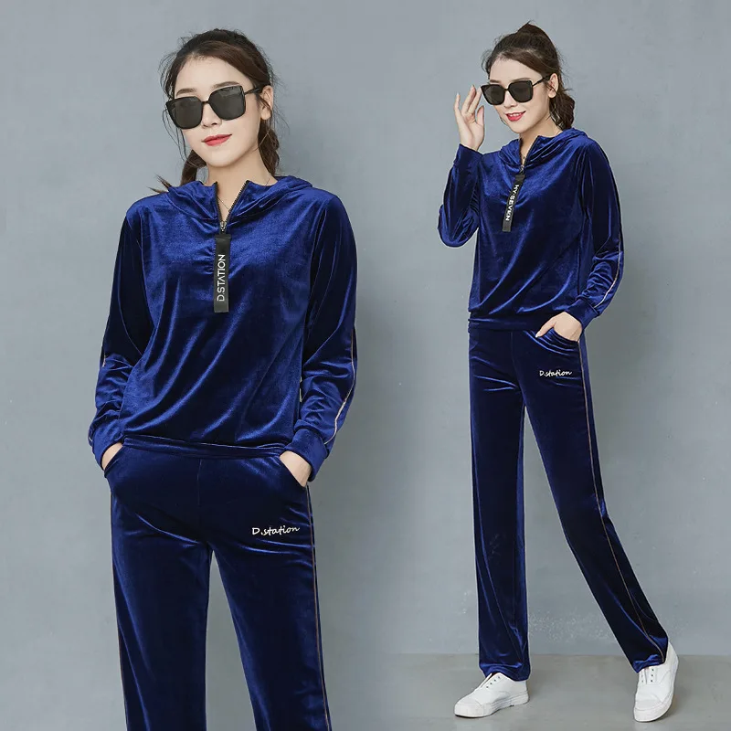 Blue wei straight Осенняя и зимняя женская куртка спортивная модная повседневная мягкая велюровая Толстовка комплект из 2 предметов пуловер с длинными рукавами спортивные костюмы - Цвет: Blue wei straight