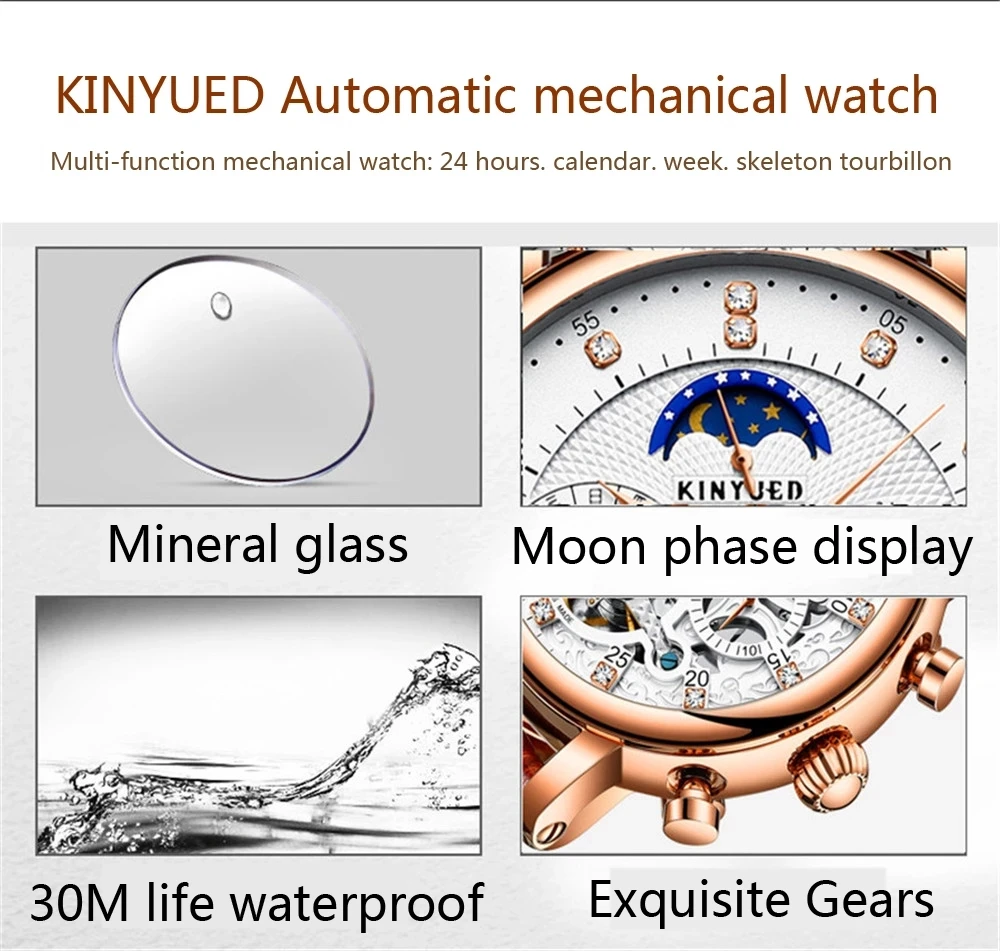 KINYUED Leather Diamond Display Mechanical Watch Mens Watches Top Brand Luxury Automatic Tourbillion Calendar Moon Phase | Наручные часы
