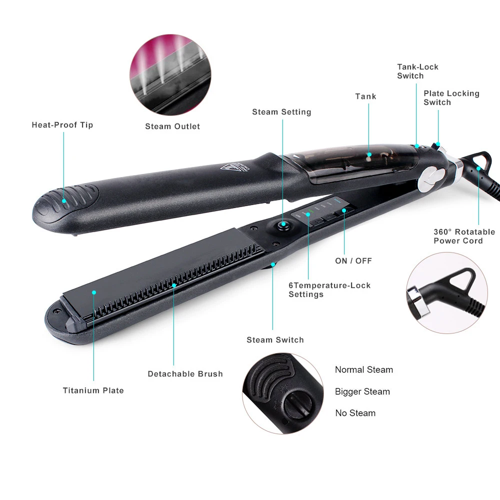 Паровые выпрямители для волос на пару Steam Straighteners for Hair Professional Salon Ceramic Tourmaline Vapor Flat Iron 2 in 1 Straightener and Curler on.