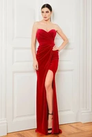 elegant long red velvet v neck evening dresses with slit mermaid floor length zipper back pleated formal party dress for women