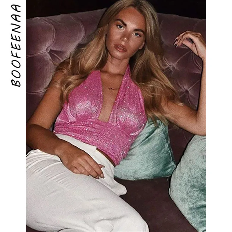 Сексуальные топы BOOFEENAA с рюшами и открытой спиной праздничные вечерние v образным