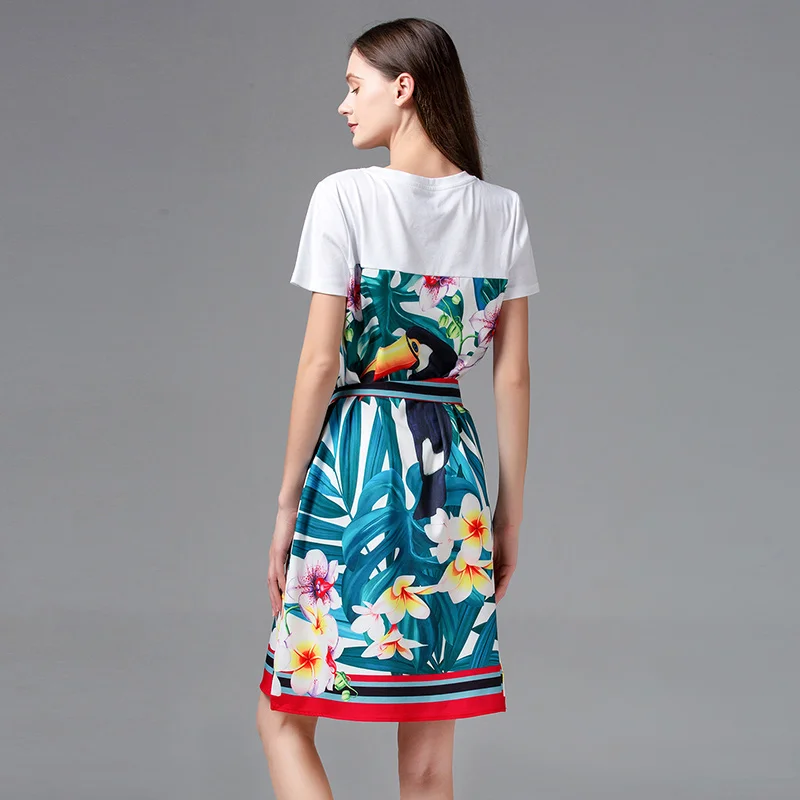 Женское блестящее платье-Футболка со стразами и цветочным принтом в виде попугая
