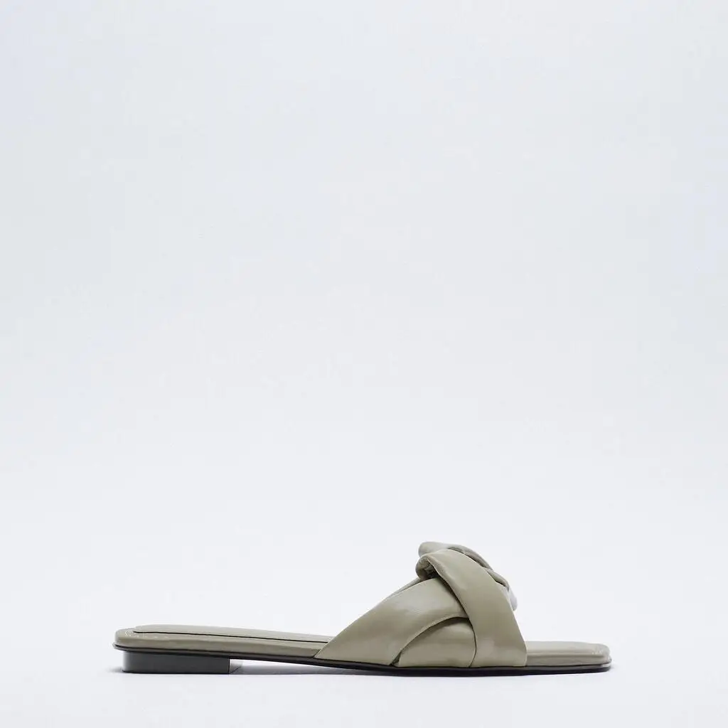 

Dsigner Shoes 2021 New Summer Khaki Green Woven Women's Slippers ACTS The role of Sheet Leather Flat Sandals