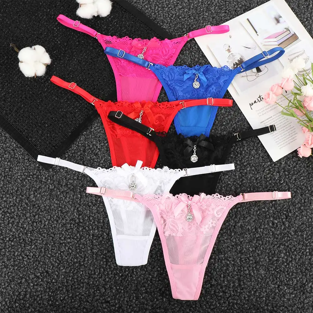 

Bragas de encaje para mujer, tangas con colgante de perla, Tanga bordado de encaje, parte trasera en T, ropa interior