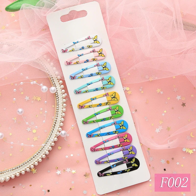 10 Pieces New Cute High Quality Printing Snap Hair Clips For Kids Solid Matel Hairpins Girls Hair Accessories Clips - Цвет: F002