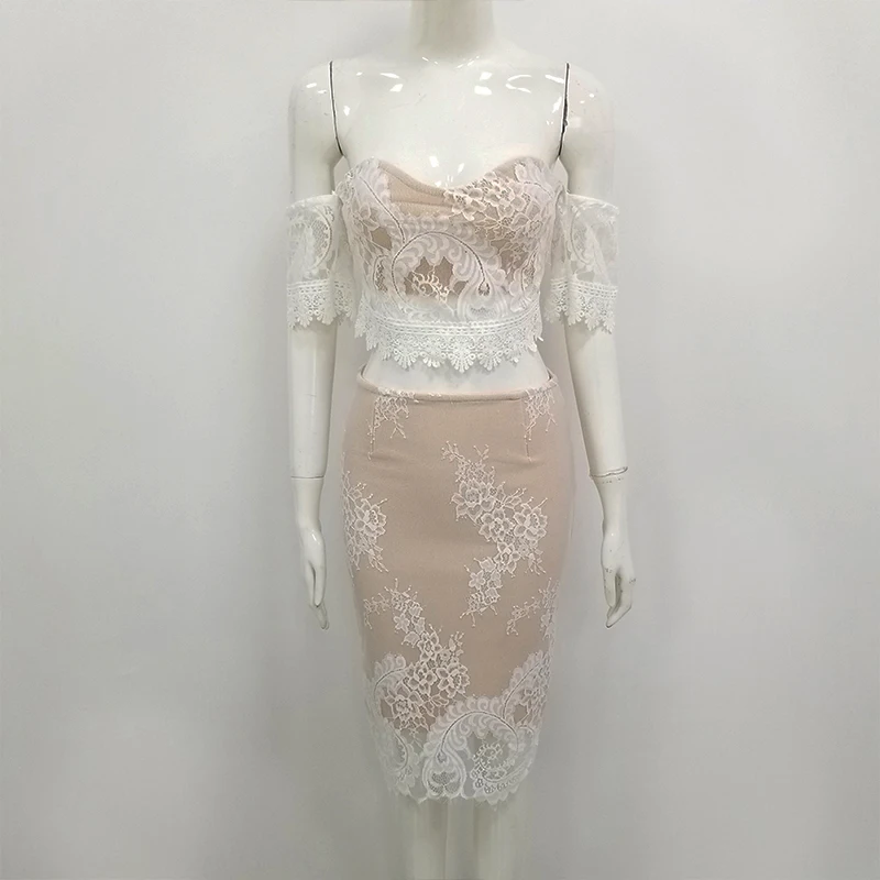 Beige Sexy Hollow Out Lace Date skirt flower Two 2 Piece Set white Bandage strapless off shoulder Casual Party Club Playsuits |