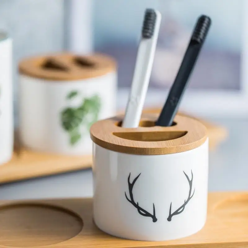 Набор керамических чашек для зубной щетки с зеленым узором в скандинавском