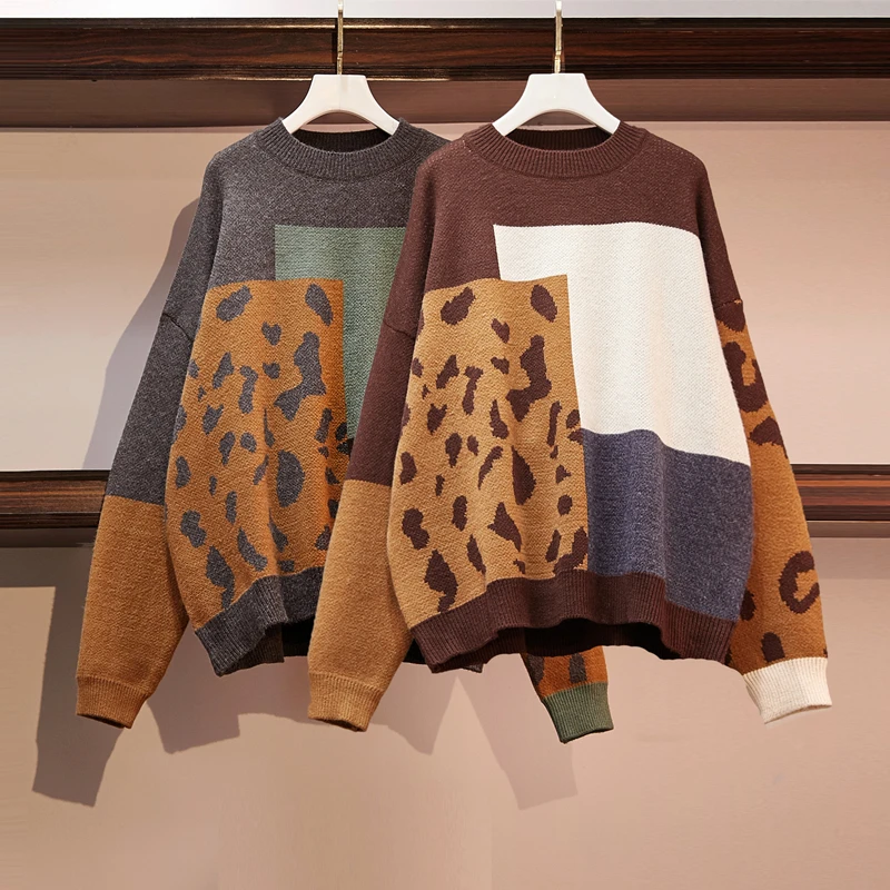 

2021 Autumn Winter Women Vintage Leopard Pullover Sweaters Patchwork Brown Knit Jumpers Loose Styler Korean Slim Pull Jumpers