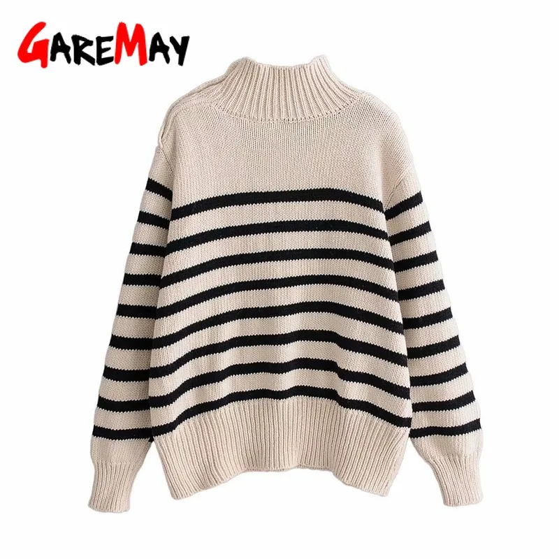 Женская водолазка в полоску белый вязаный джемпер большого размера на пуговицах