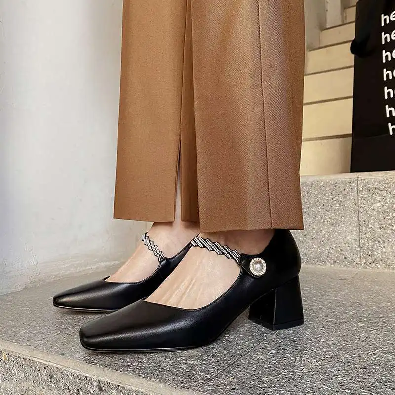

Krazing Pot 2021 fashion genuine leather square toe high heels shallow spring shoes dress crystal pearl dress women pumps L37