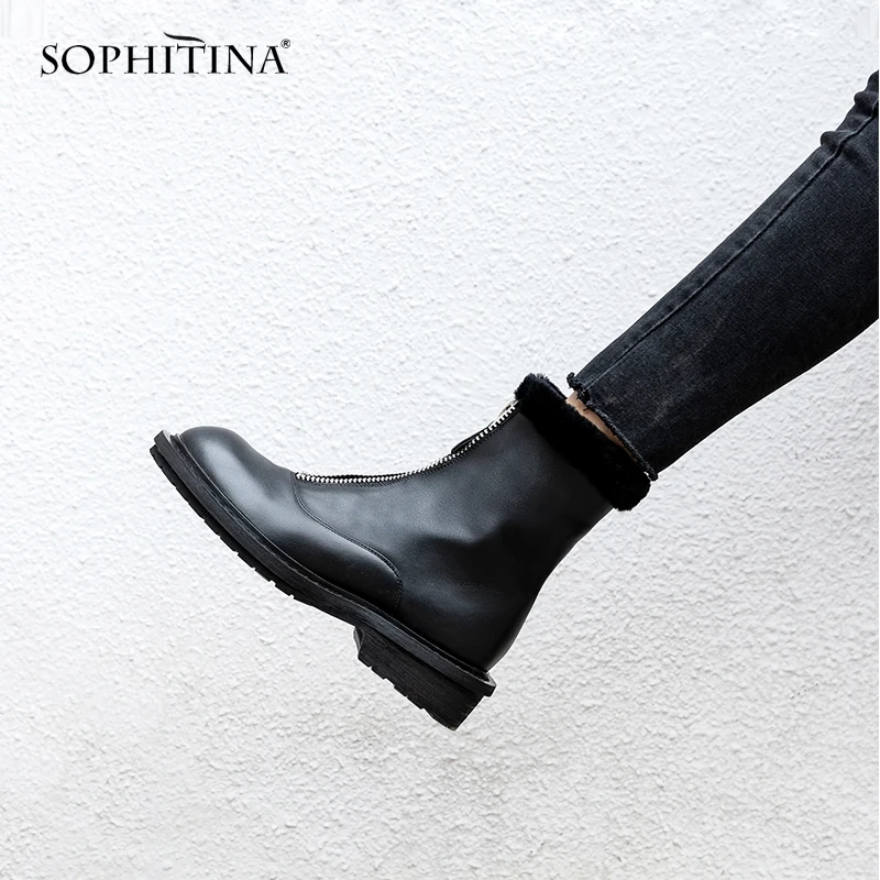 

SOPHITINA Cool Design Boots High Quality Genuine Leather Fashion Zipper Solid New Round Toe Shoes Women's Martin boots PO311