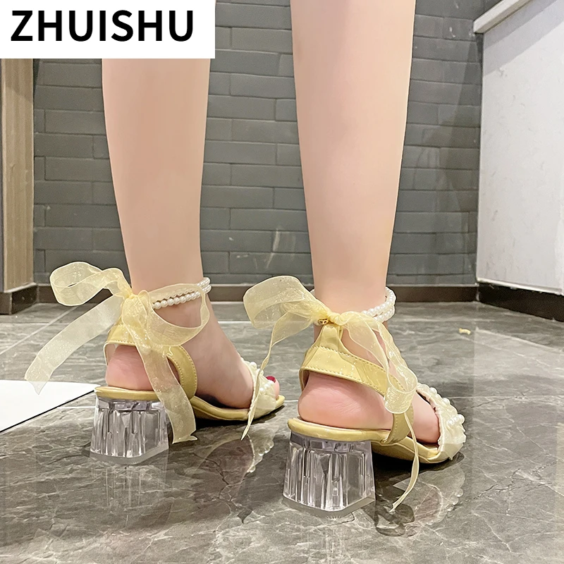 

Elegant Sweet Lace Women Sandals Open Toe Solid Color Square Head Word Buckle Metal Square Heel Summer Party Shoes Women Shoes