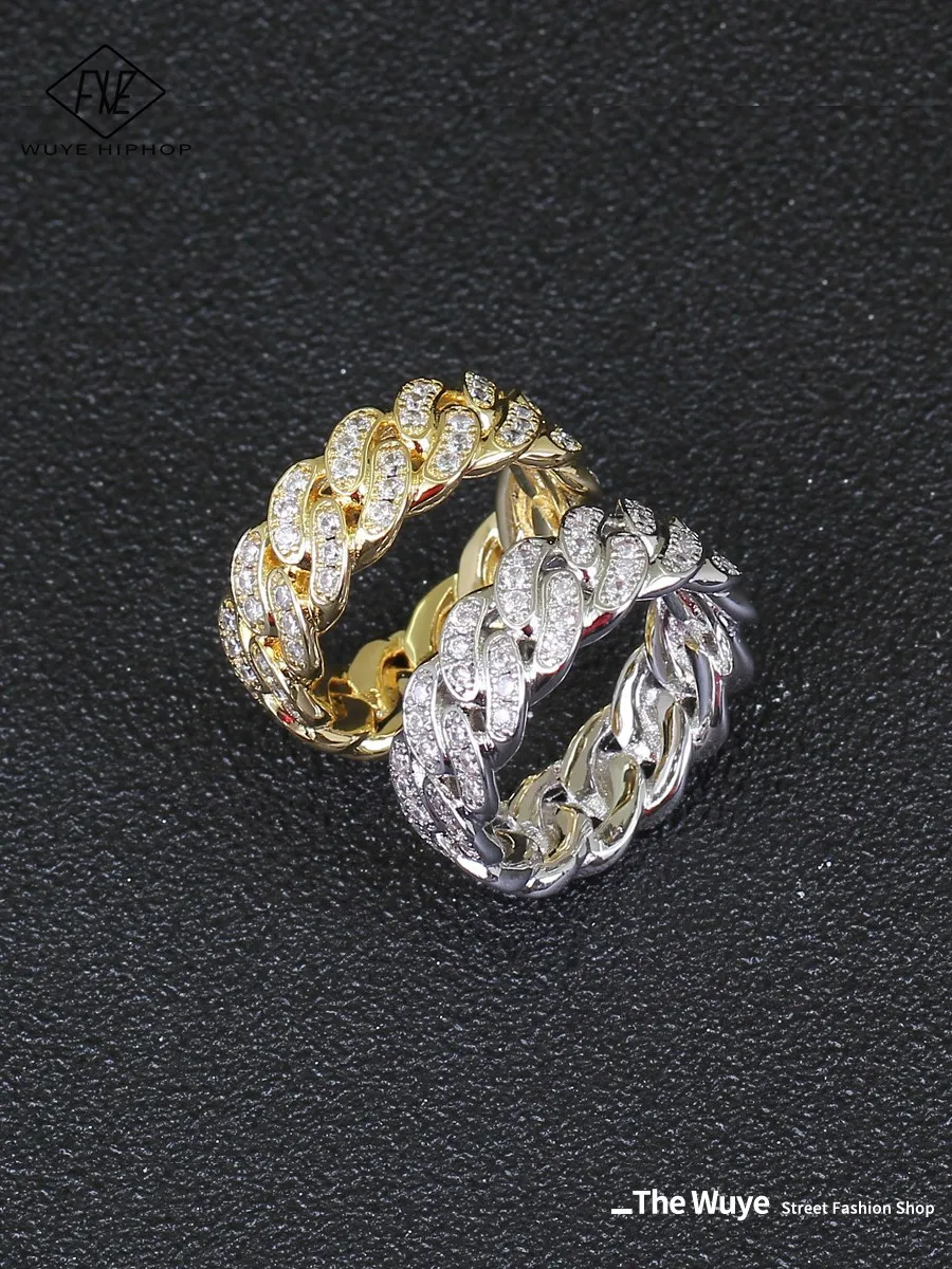 

Jackson Wang Same Style Cuban Link Chain Ring Full Zircon Trendy Men and Women Tail Ring Hip-Hop Street Personality Ornament