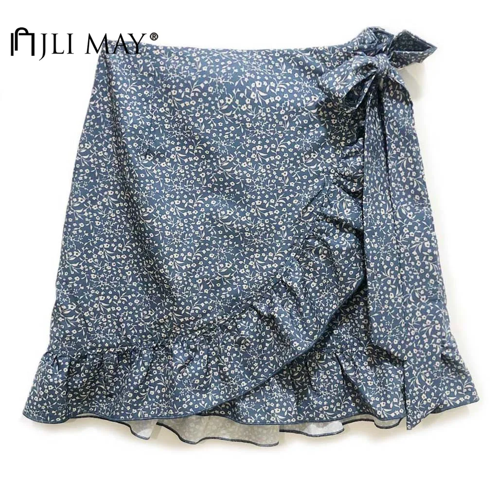 

JLI MAY Women Mini Skirts Cotton Printed High Waist Lace up Patchwork Ruffles Zipper Irregular Sweet Skirt