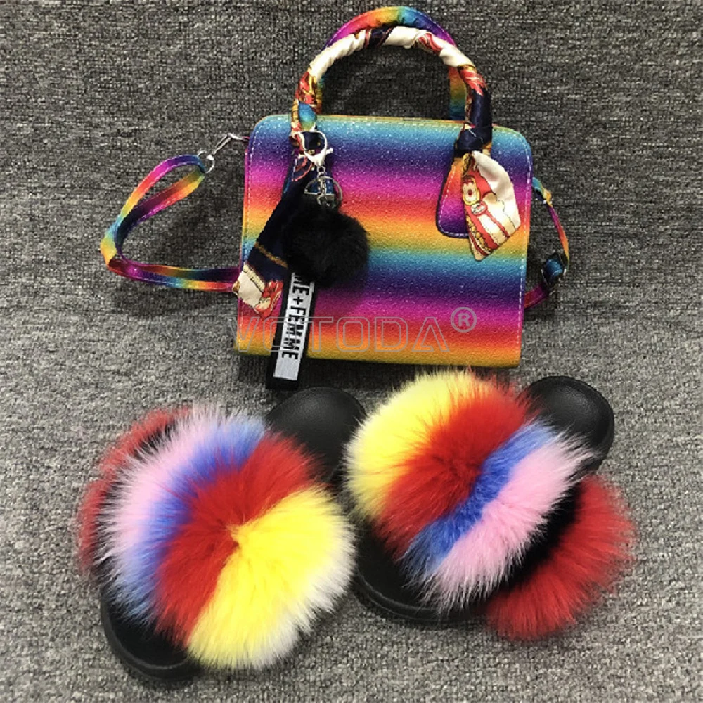 

Women Fur Slides and Purse Set Rainbow Sandals With Matching Purses Fluffy Slippers Brand Bag Luxury Real Fur Sandals Wholesale