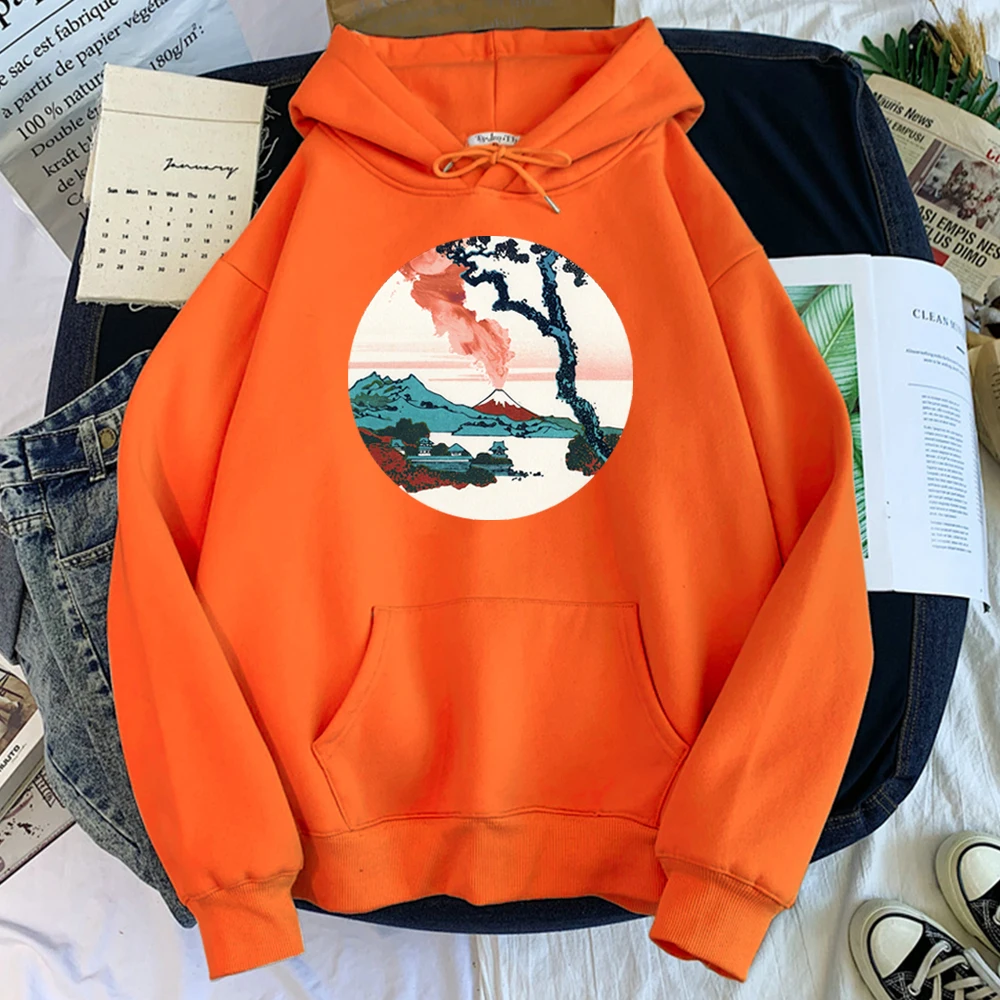 

Худи Hokusai с изображением гор Фудзи с принтом извержения женские удобные милые толстовки большого размера японская версия тонкие Топы