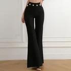 Новейшие модные женские брюки с высокой талией, однотонные расклешенные брюки с золотыми пуговицами