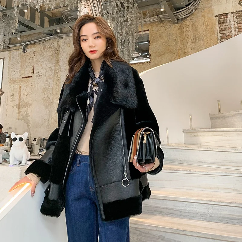 

2021 Real Natural Wool Winter Jacket Women Coat Double-faced Fur Genuine Leather Warm Outerwear New Fashion Locomotive