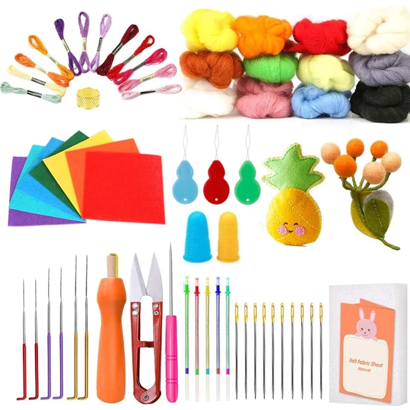 

Nonvor Colors Wool Roving Fibre Yarn Foam Mat Embroidery Thread Needles Great for Needle Felting Hand Spinning DIY Doll Tools