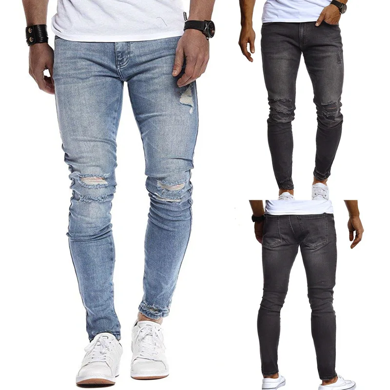 

Men jeans solid color casual jeans distressed holes Slim zipper male jeans pencil pants men denim trousers