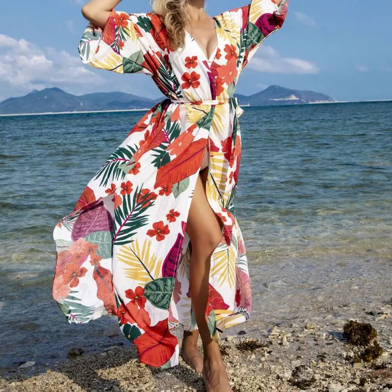 

2020 Women Tropical Floral Print Swimsuit Cover Ups Sexy Side Split Maxi Long Cardigan Flowy Open Front Beach Kimono Robe
