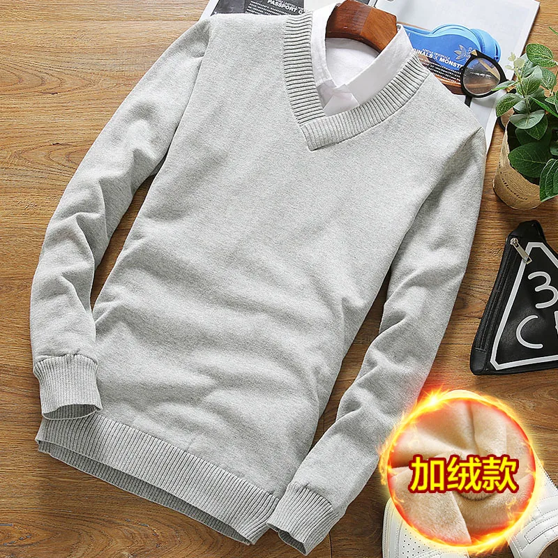 

AEMAPE brand 2021 Korean v neck sweater solid color base shirt Plush sweater pure cotton knitted sweater winter new men's slim