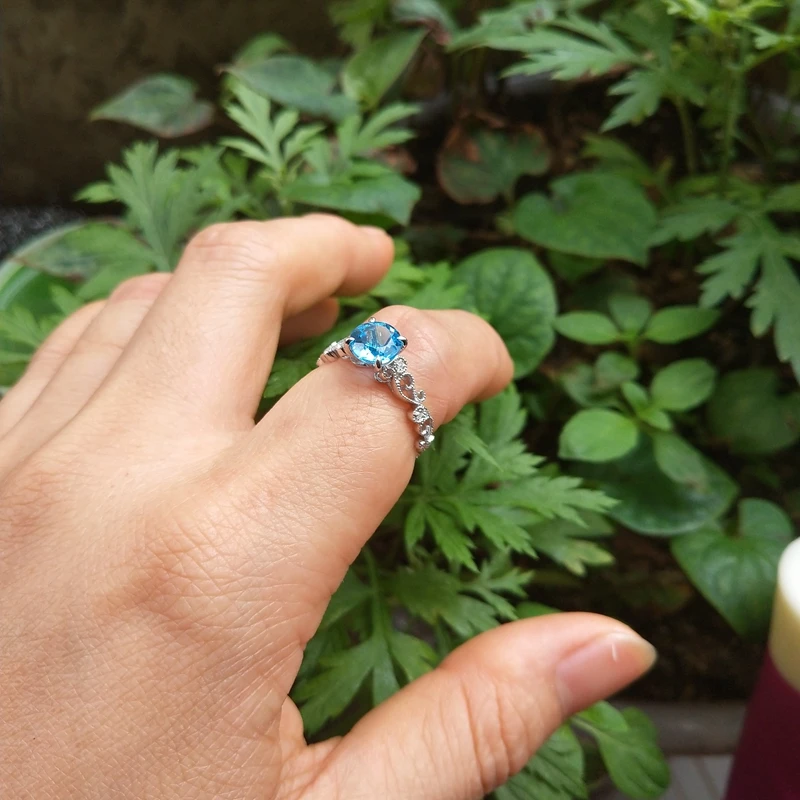 

HELON Solid 10K White Gold Flawless Round 7mm Genuine Blue Topaz Diamonds Engagement Ring Women Art Deco Fine Jewelry Best Gift