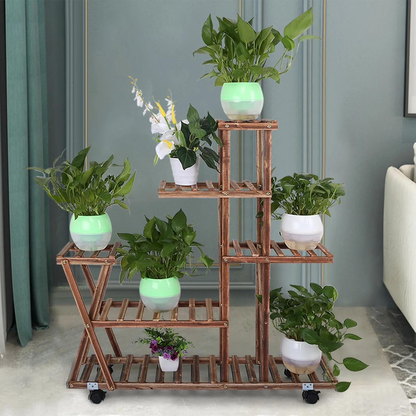

[US-Stock]5 Tier Wooden Plant Stand Shelf Flower Pot Holder Display with Wheels Multi-Shelvings Garden Flower Plant Stand Rack