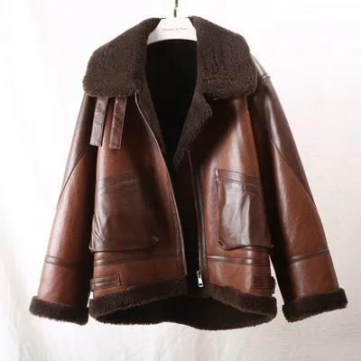Brown Winter Lamb Fur Bomber Real leather Jacket Women New Sheepskin Double Face Shearling Coat Oversized Genuine Leather Jackets - Цвет: Brown