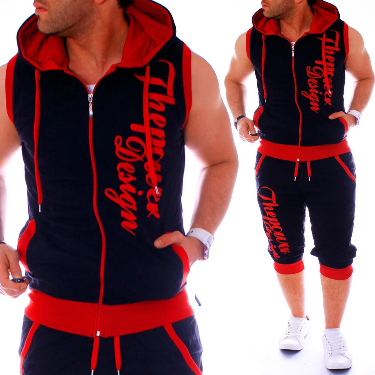 Men Sweatsuits Casual Mens Jogger Set 2 Piece Sleeveless Hoodies with Shorts Set Letter Printed Tracksuit for Men Clothing