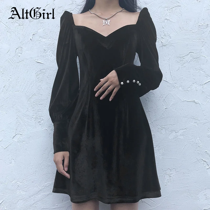 

AltGirl Autumn Sweet Dark Goth Black Velevt Dress Women V-neck High Waist Pearl Buckle Long Sleeve Split Mini Party Dress Female