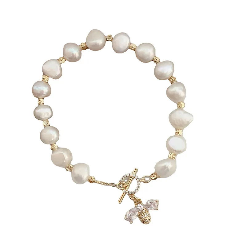 

2021 Elegant Baroque Natural Pearl String Bracelet For Women Luxury Zircon Bee Pendant Bracelet Fashion Girl's Sweet Y2k Jewelry