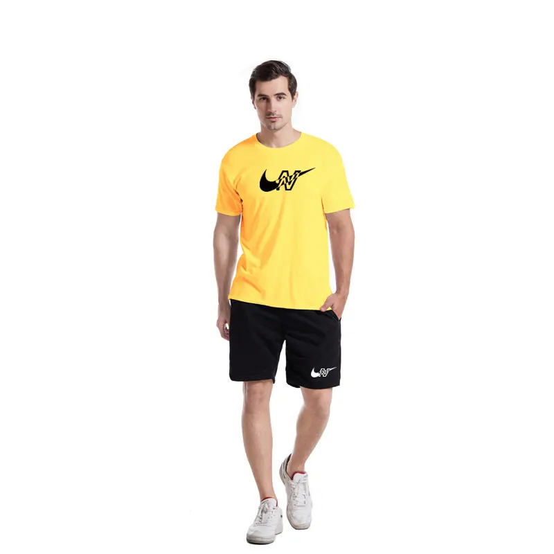 

Summer 2021 New Short Sleeve Round Collar T Shirt Suit High-end Men Tide Fashion Casual Sweatshirt+Sweat shorts Two-piece