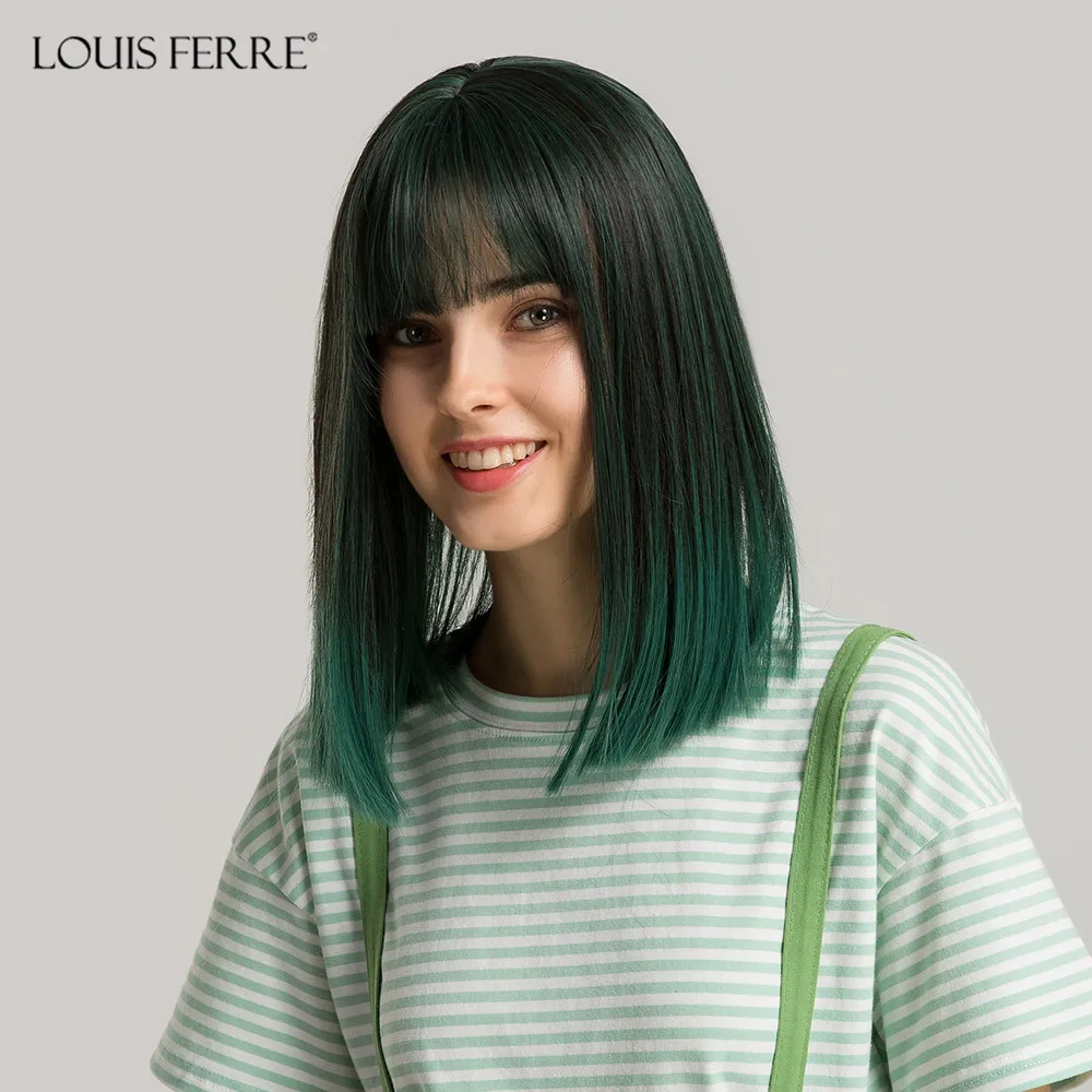 

LOUIS FERRE Medium Straight Bob Synthetic Wigs Green Cosplay Wigs with Bangs Lolita Party Fake Hair for Women Heat Resistant Wig