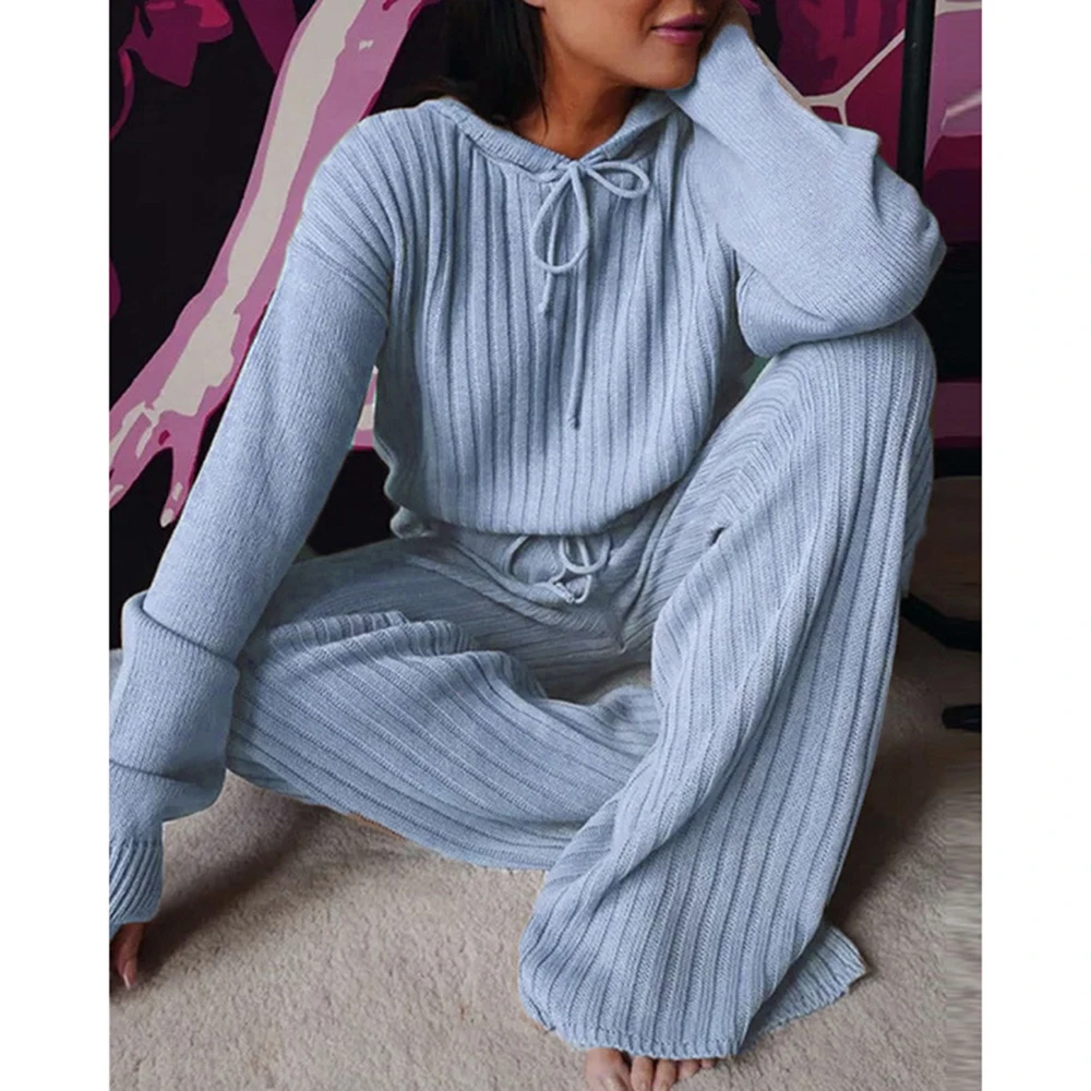 Women Solid Knitted Tracksuit Two-piece Set Hooded Sweater Long Wide Leg Trousers Ladies Fashion Suits Streetwear | Спорт и