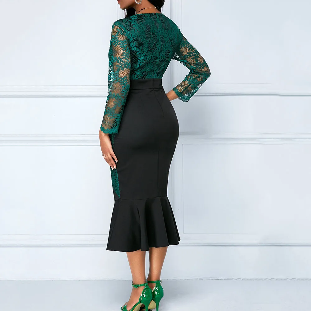 Женское осеннее элегантное платье русалки 2019 длинные рукава кружевное Цветочное