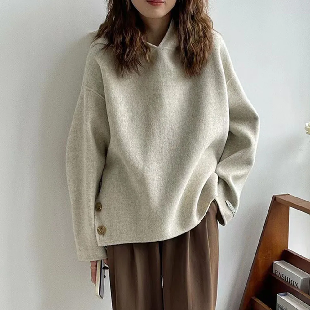 

Women Hoodie Korean Style Minimalism Solid Color Long Sleeve Hooded Collar Pullover Loose Winter Women Top Oversize Casual Cloth