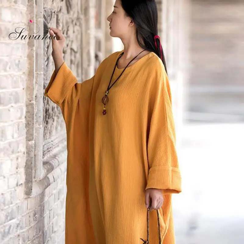 Женское Двухслойное длинное платье однотонное из хлопка и льна в оригинальном