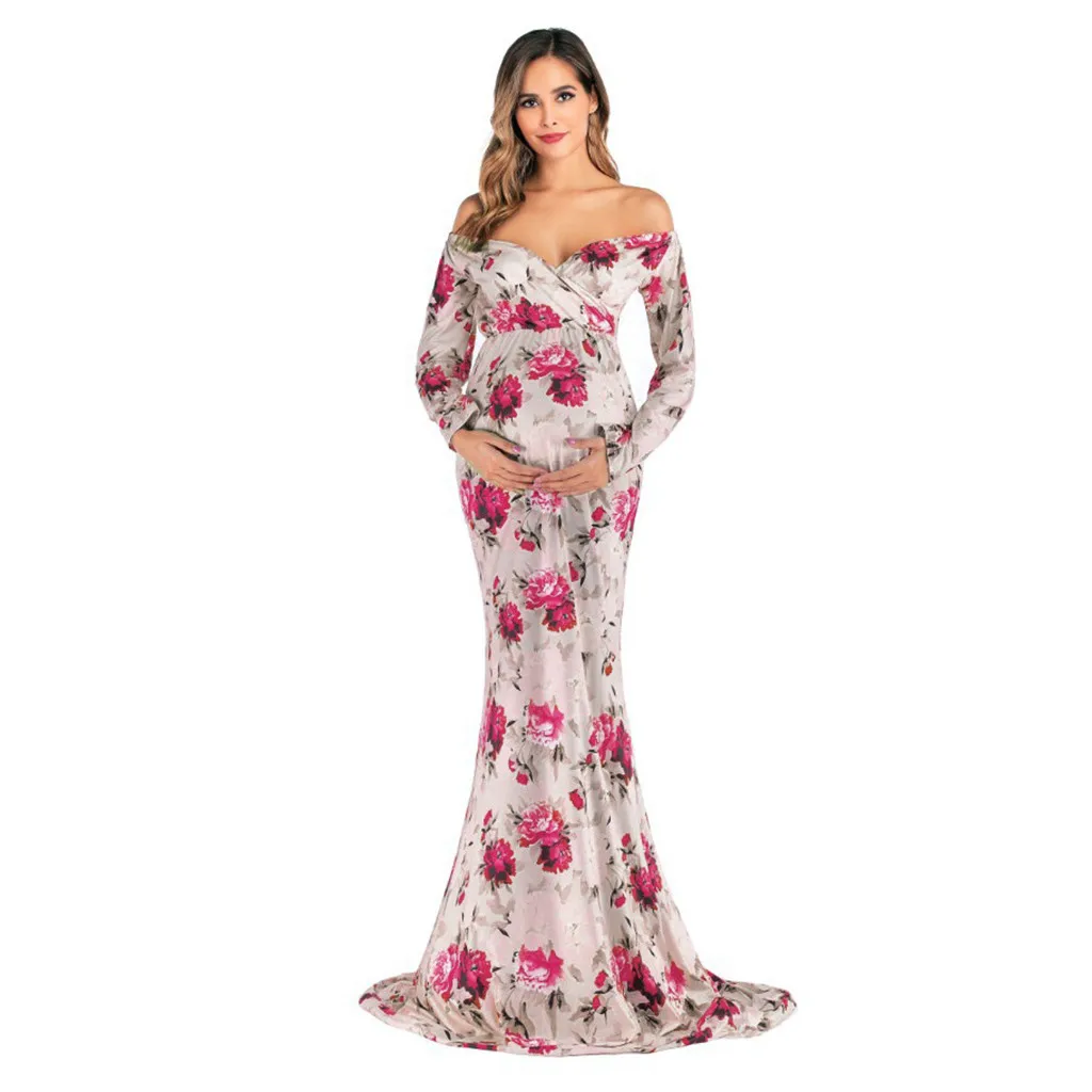 

Women Dress Pregnant Maternity Dress Party Photography Props Off Shoulder Long Sleeve Print Dress Robe Pregnancy Dress