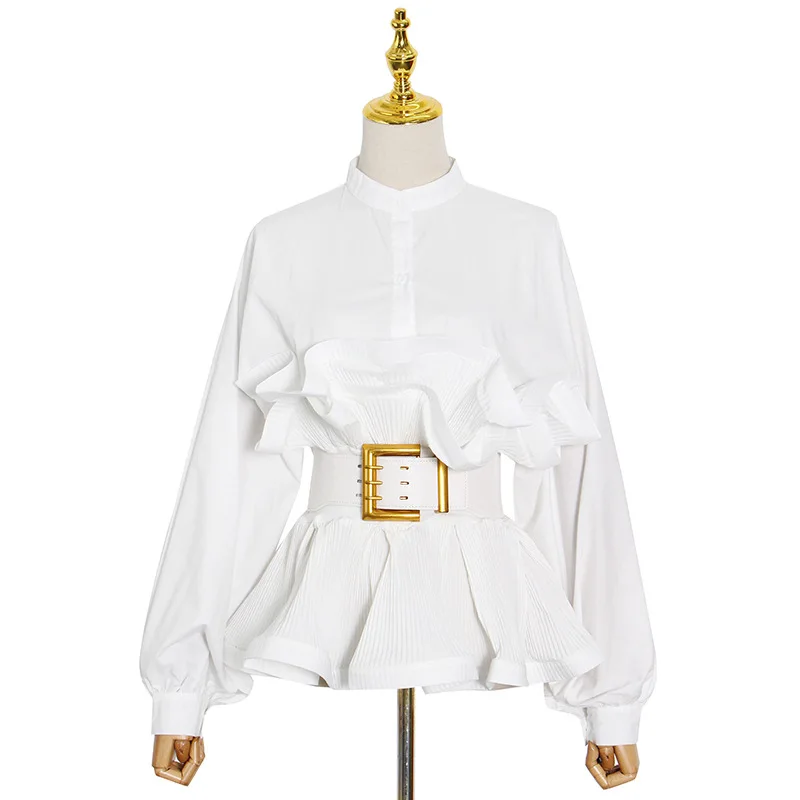 

Irregular waist lace pleated blouse women's shirt new solid color buckle belt commuter